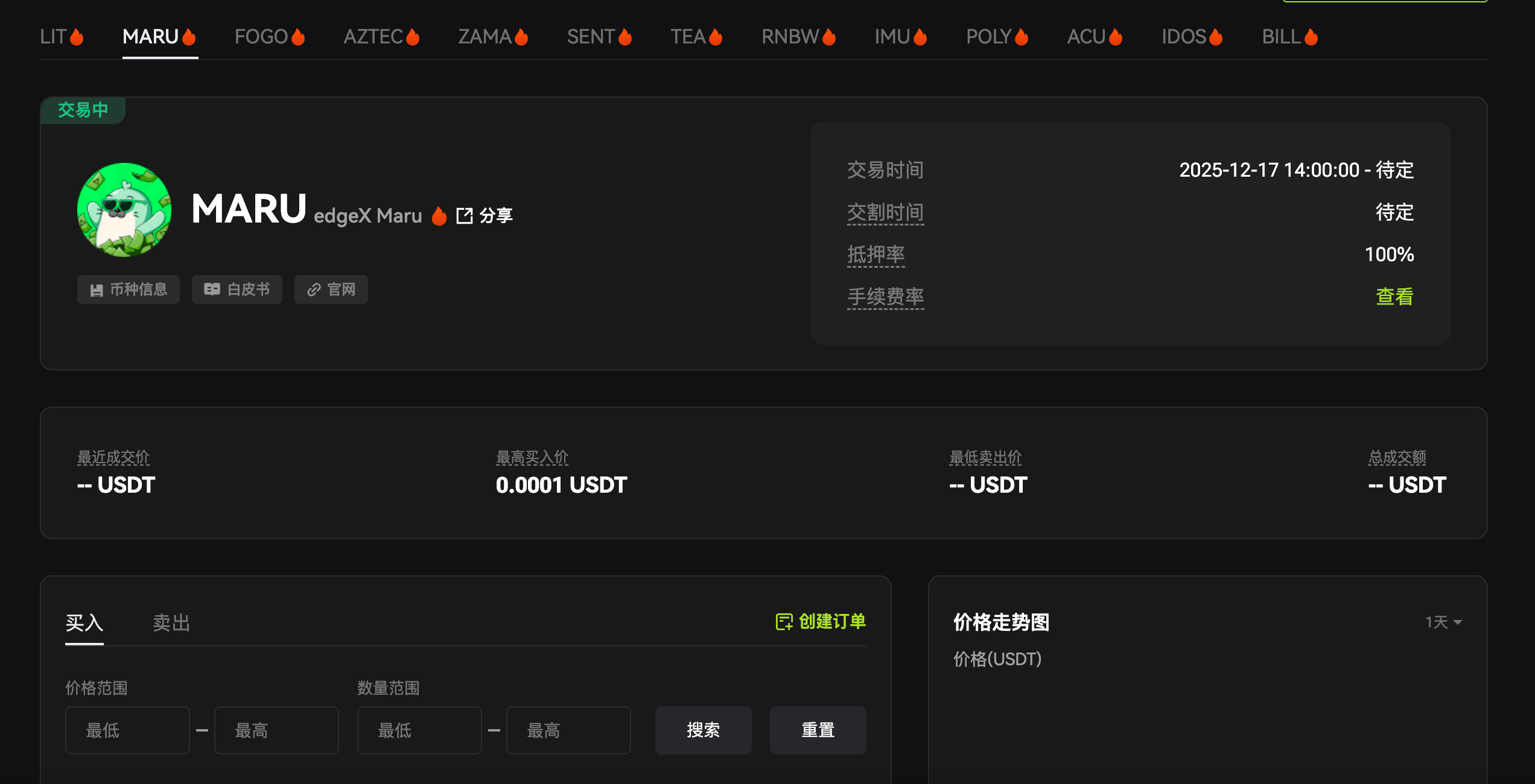 หน้าจอหลักของแพลตฟอร์มแลกเปลี่ยนแสดงข้อมูลเกี่ยวกับโทเค็น edgeX Maru ($MARU) รวมถึงเวลาทำการซื้อขาย ช่วงราคา และตัวเลือกการซื้อ/ขาย โดยแสดงผลบนพื้นหลังสีเข้มและรูปแบบที่ชัดเจน