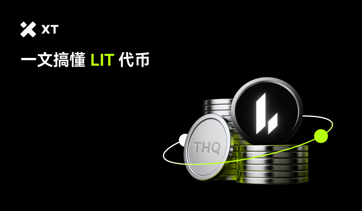 The LIT token is displayed on a stack of silver coins against a black background, with the XT logo and Chinese characters on the left, emphasizing the overview of the LIT token.