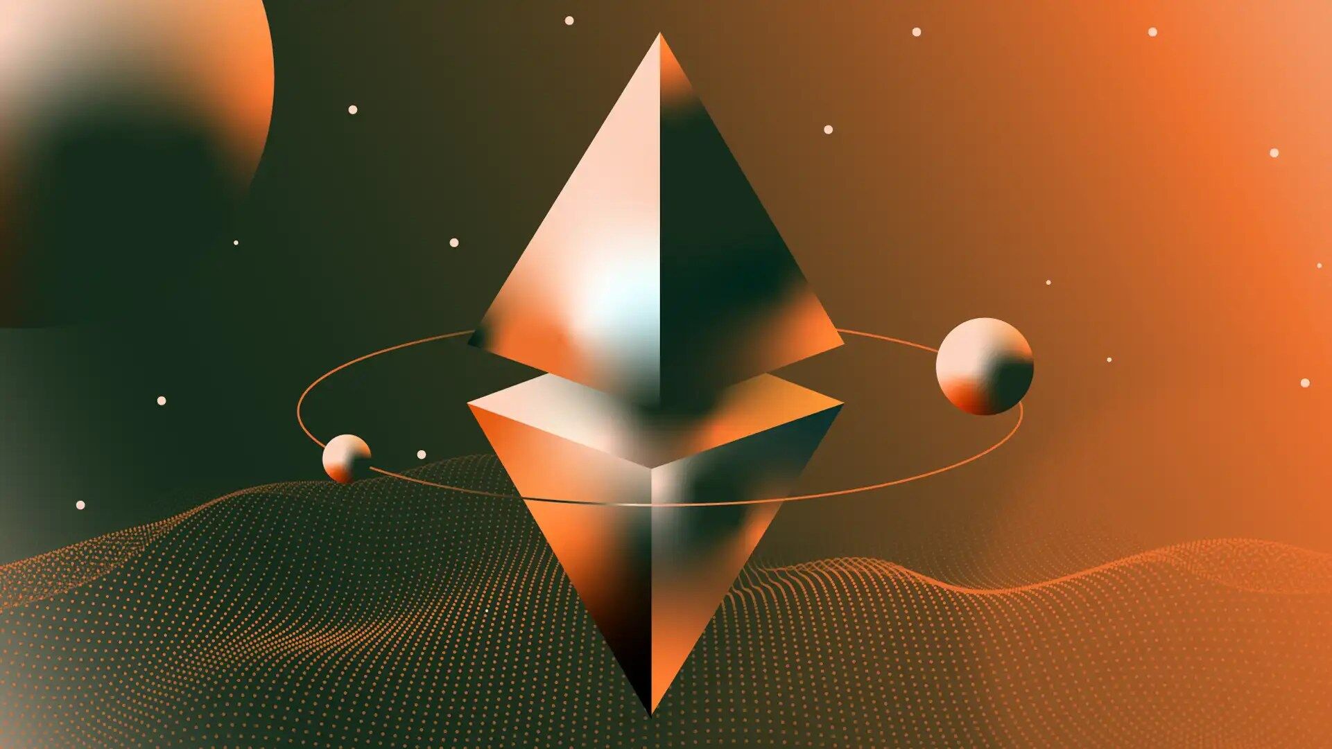 一幅抽象艺术风格的图像，展示了以太坊的标志，呈现立体金字塔形状，背景为渐变色调，包含星空及圆形元素，整体感觉现代且富有科技感。
