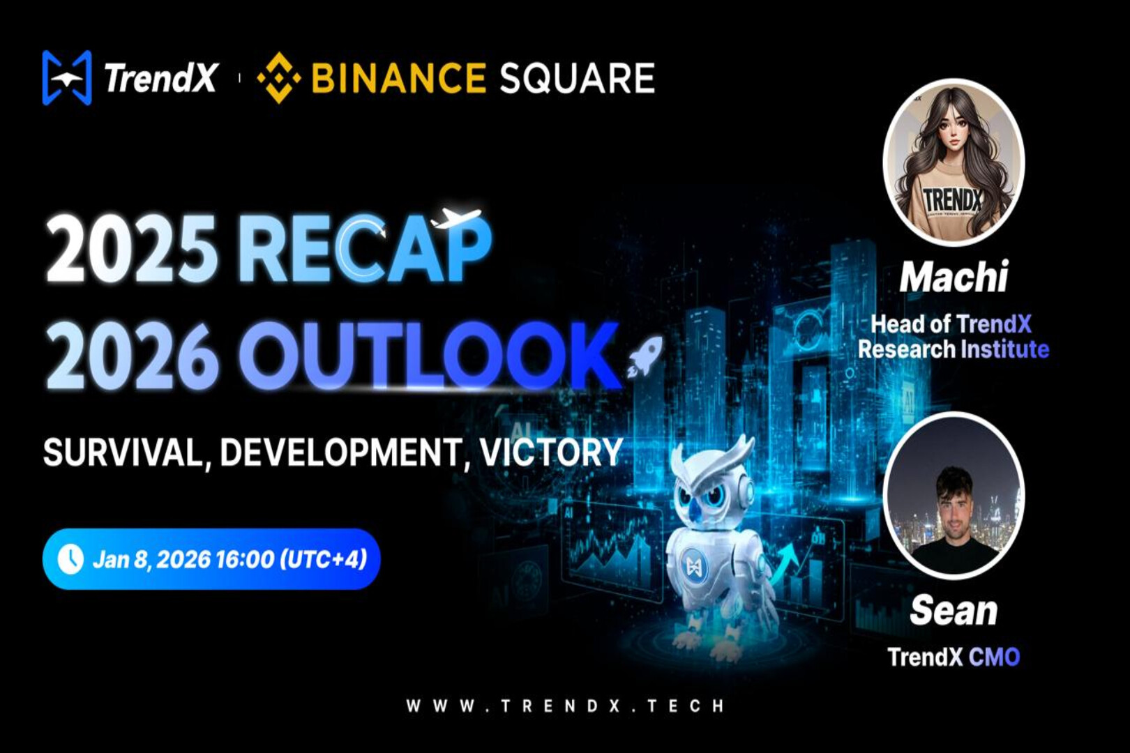 1月8日のTrendXライブストリーム:XTTAは2026年にフルシナリオの可能性を解き放ち、Owlie RobotはAI + Depinの新たな章をリードします