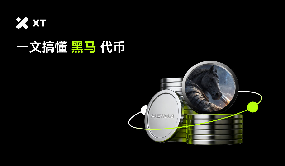 A digital representation of cryptocurrency coins with an image of a horse, featuring branding and text in both English and Chinese on a dark background.