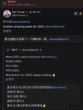 Eric Trump疑似删除多条WLFI相关推文，WLFI短时下跌触及0.107 USDT