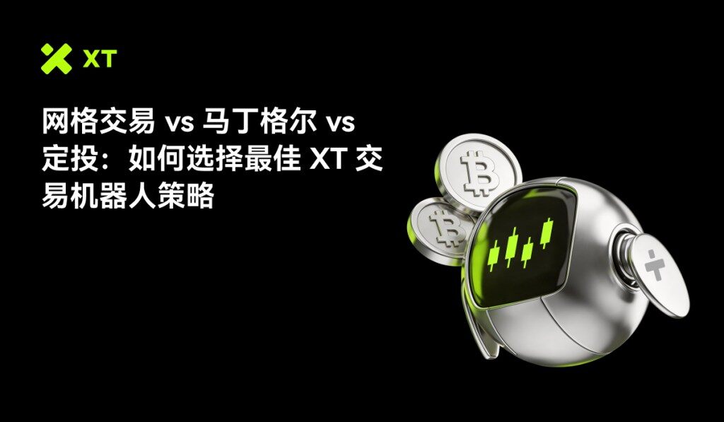 A metallic robot with a Bitcoin logo, displaying green stock market indicators, set against a black background. The image is related to cryptocurrency trading strategies.