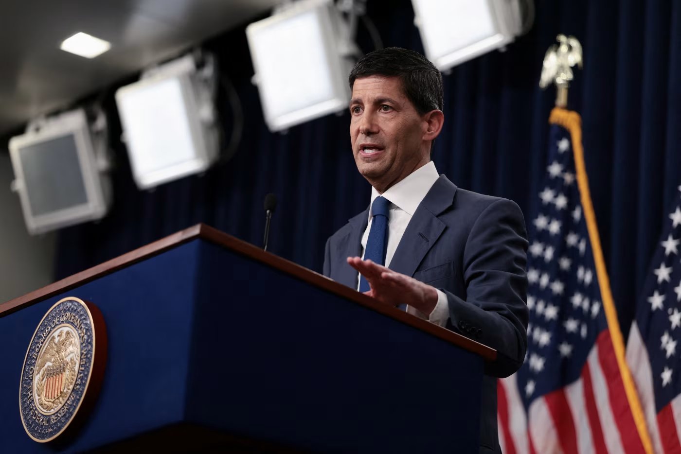 U.S. Federal Reserve Chairman Kevin Warsh speaking at a press conference.