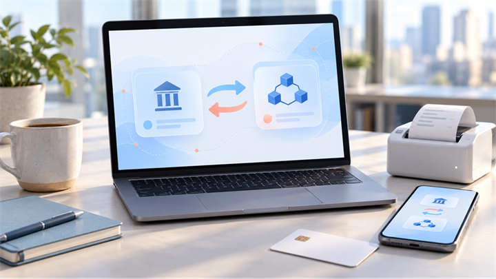 Title: A payment office desktop composed of a laptop, phone, bank card, coffee cup, and receipt printer - Description: A payment office desktop composed of a laptop, phone, bank card, coffee cup, and receipt printer