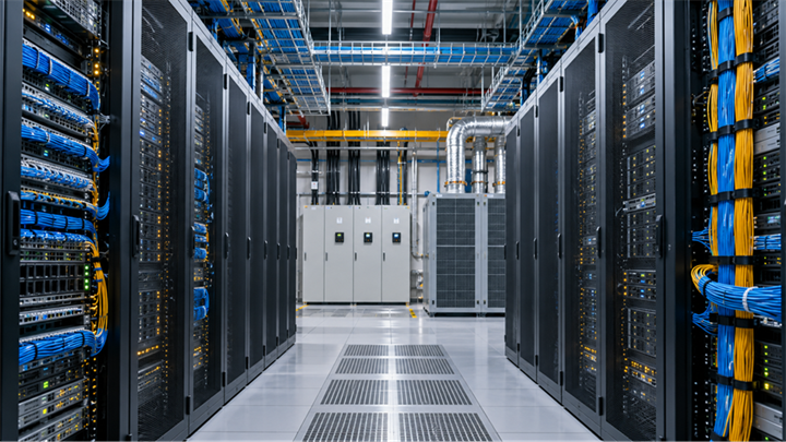 Title: Unmanned data center racks, network cables, and cooling equipment - Description: Unmanned data center racks, network cables, and cooling equipment