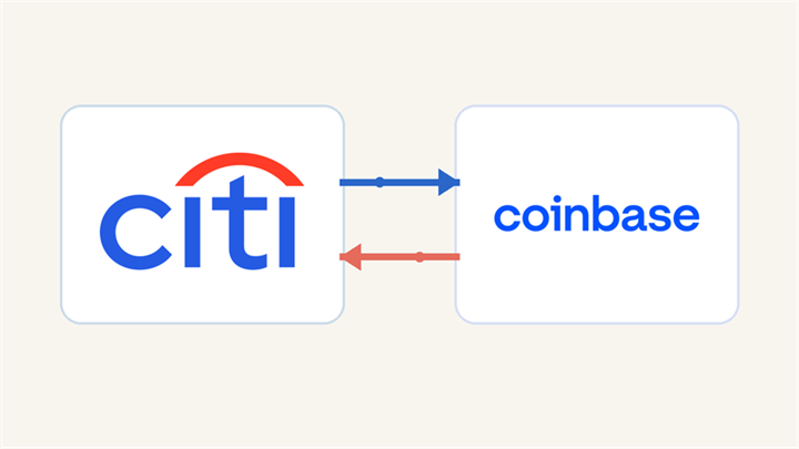 Title: Citi and Coinbase public domain wordmarks with a two-way connecting arrow - Description: Citi and Coinbase public domain wordmarks with a two-way connecting arrow