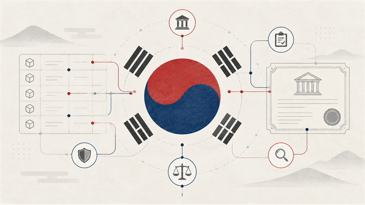 Title: Abstract illustration composed of a taiji symbol, ledger grid, securities certificates, and regulatory nodes - Description: Abstract illustration composed of a taiji symbol, ledger grid, securities certificates, and regulatory nodes